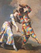 Giovanni Domenico Ferretti, Gemalde des italienischen Malers Giovanni Domenico Ferretti. Motiv Arlecchino Harlekin und Colombina